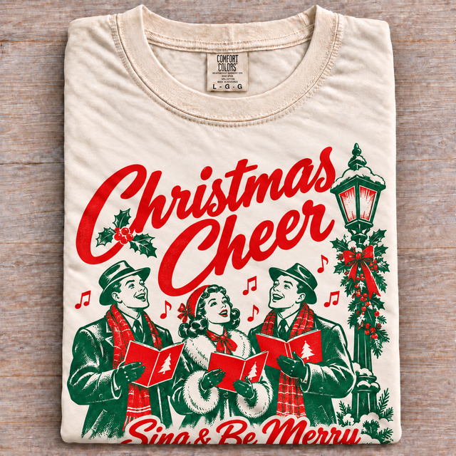 Natural Comfort Colors Christmas Cheer vintage carolers shirt folded on wood