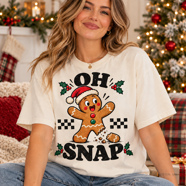 Woman wearing natural Comfort Colors Oh Snap Gingerbread Shirt