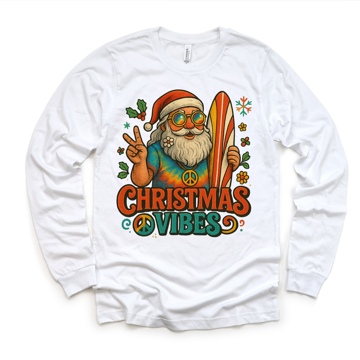 Christmas Vibes Surfing Santa design on a long sleeve shirt.