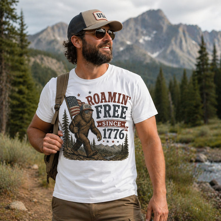 Roamin Free Since 1776 Shirt | Bigfoot Patriotic USA Tee | Vintage American Graphic T-Shirt