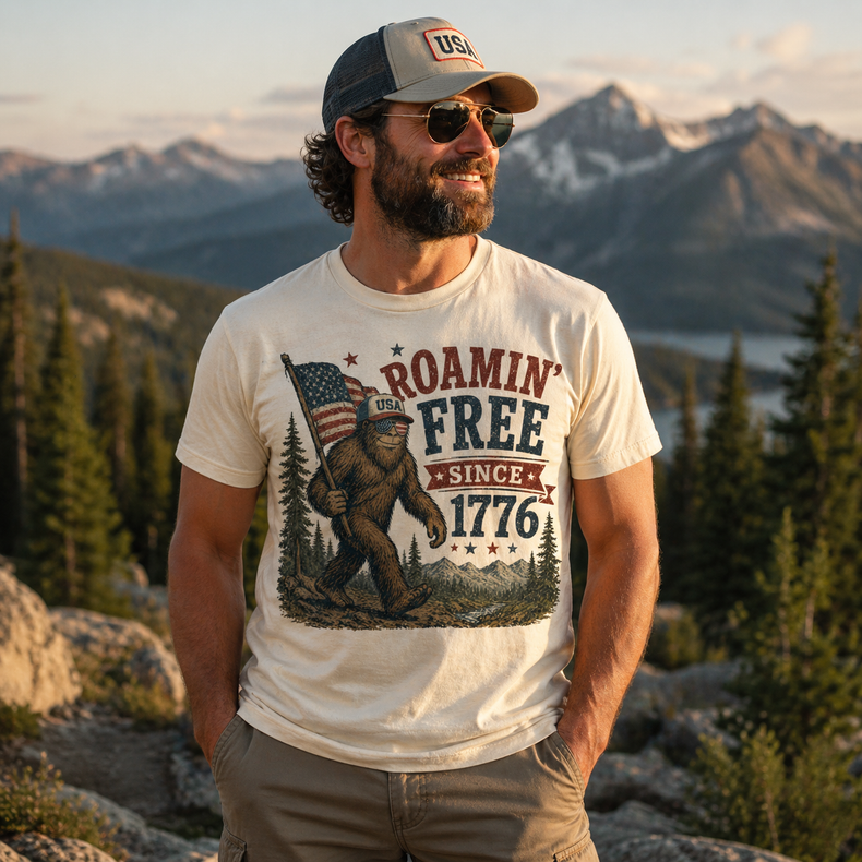 Roamin Free Since 1776 Shirt | Bigfoot Patriotic USA Tee | Vintage American Graphic T-Shirt