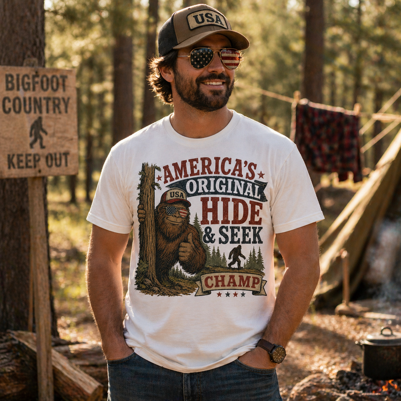 America’s Original Hide and Seek Champ Shirt | Funny Bigfoot Tee | Patriotic USA Graphic T-Shirt