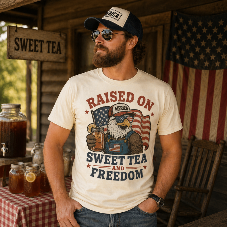 Raised On Sweet Tea and Freedom Graphic Tee | Patriotic Eagle Shirt | Southern Americana T-Shir