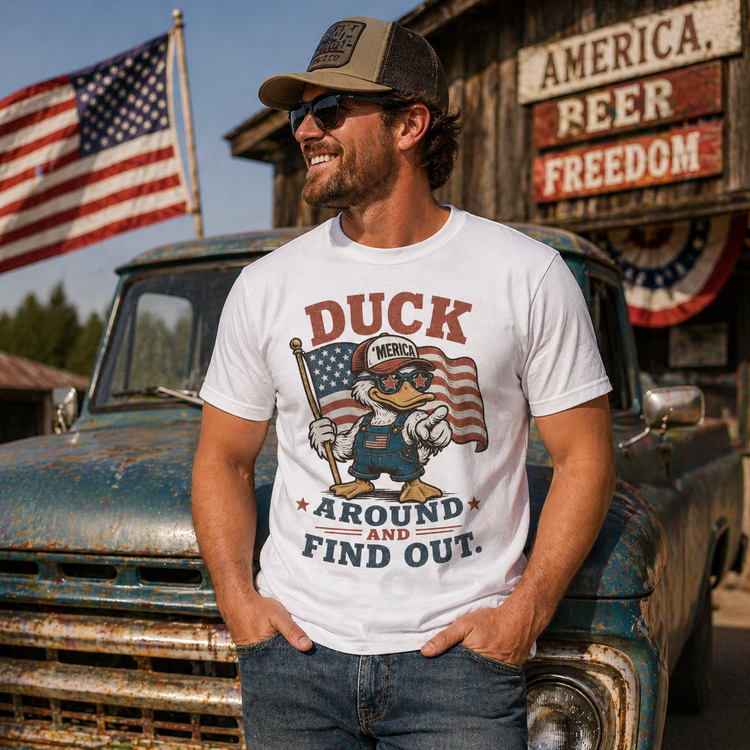 Duck Around and Find Out Shirt | Funny Patriotic Duck Tee | American Flag Graphic T-Shirt