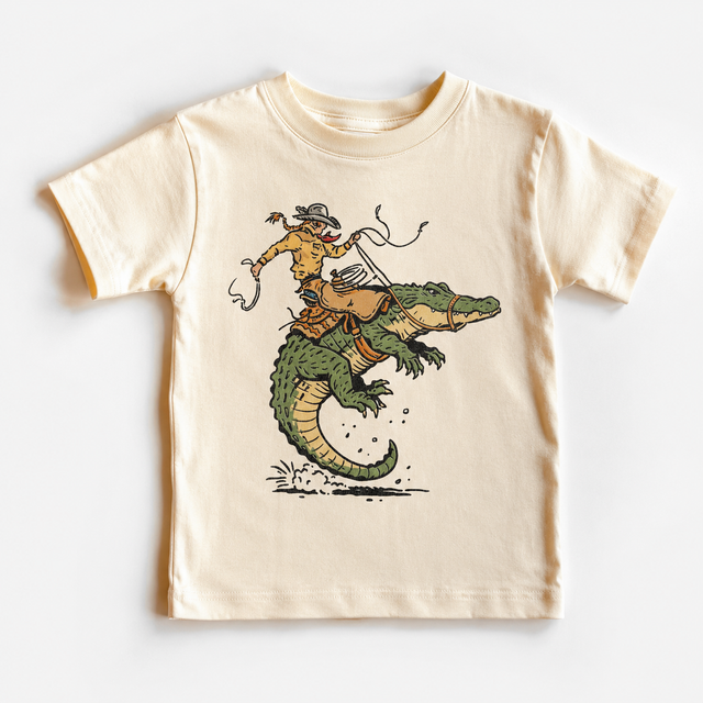 Kids Cowboy Riding Alligator – Western Rodeo Swamp Gator graphic T-shirt by Madi Moosh