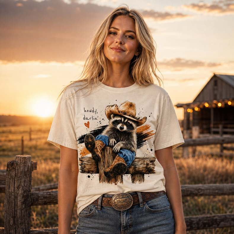 Howdy Darlin Raccoon Shirt, Cute Western Animal Tee, Cowboy Comfort Colors T-Shirt