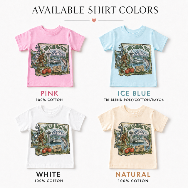 Washington State Landmarks Kids Graphic Tee – Bigfoot, Space Needle, Ferry & Salmon Shirt