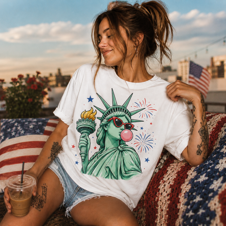 Statue Of Liberty Blowing A Bubble Graphic Tee | Patriotic America Shirt | 4th Of July