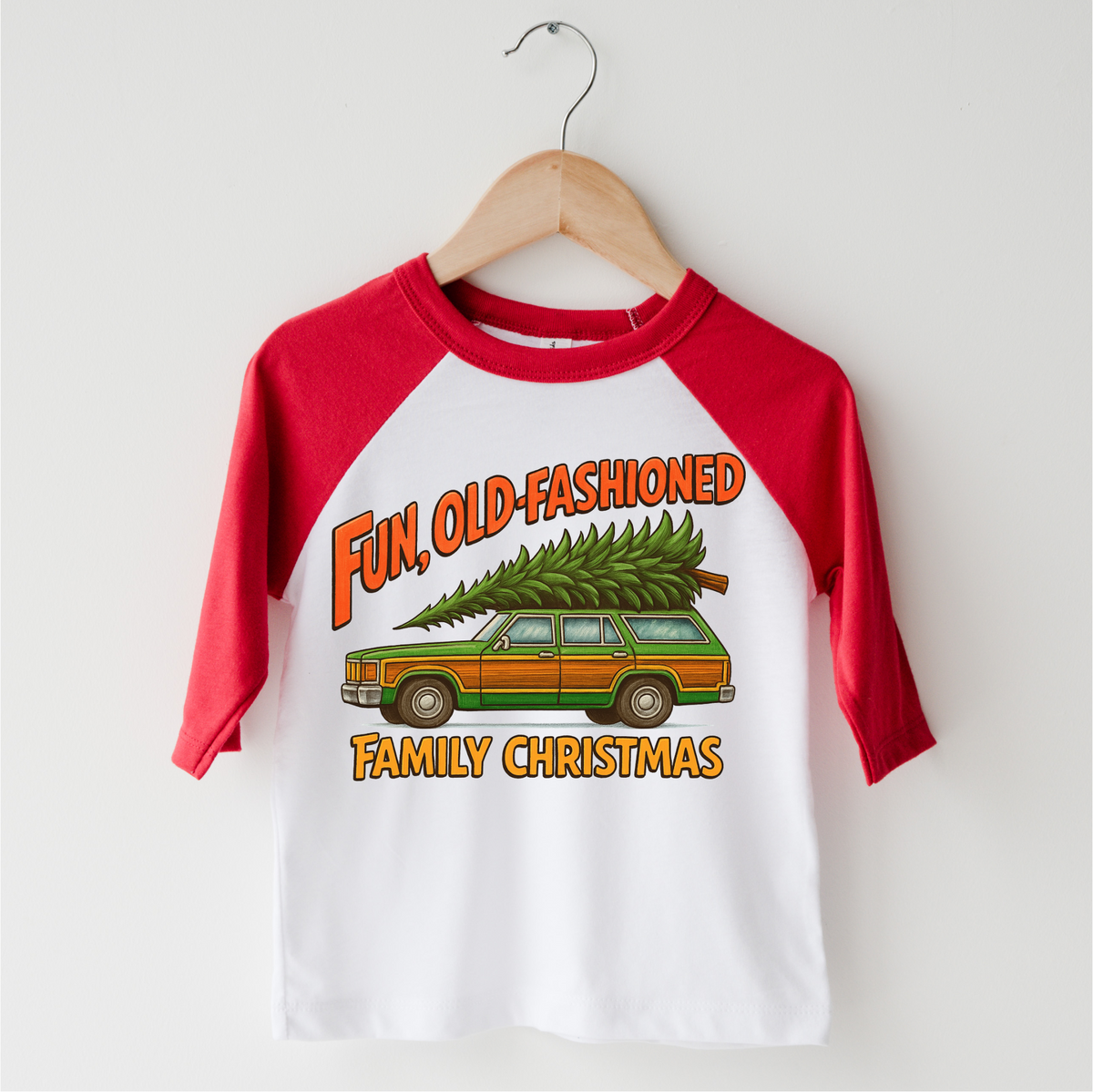 Fun Old Fashioned Family Christmas design on a raglan shirt with red sleeves.