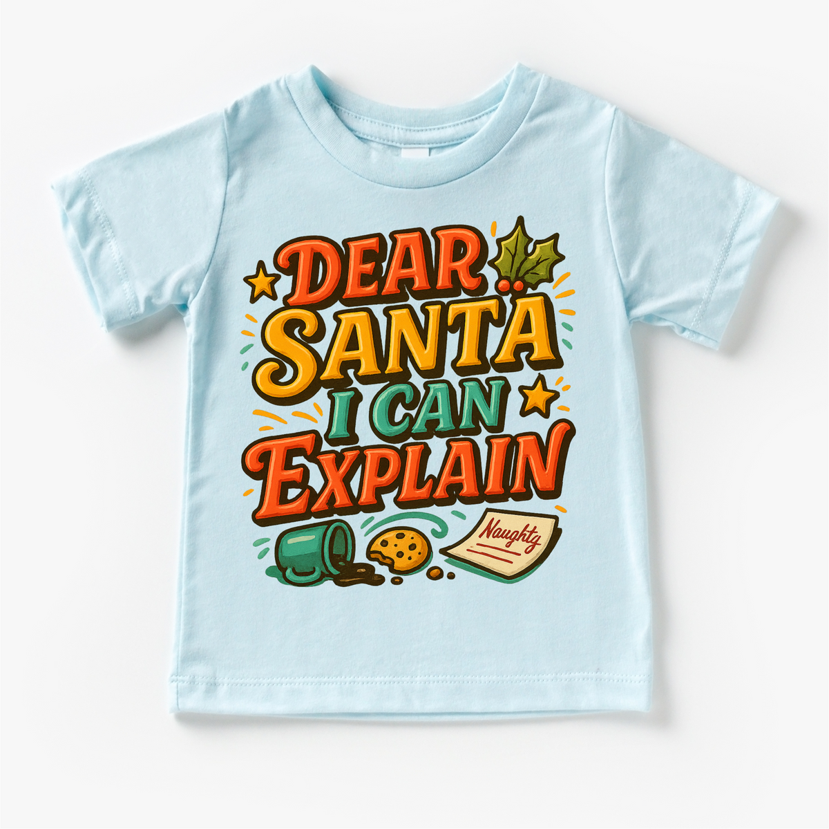 Dear Santa I Can Explain Christmas design on a blue garment.