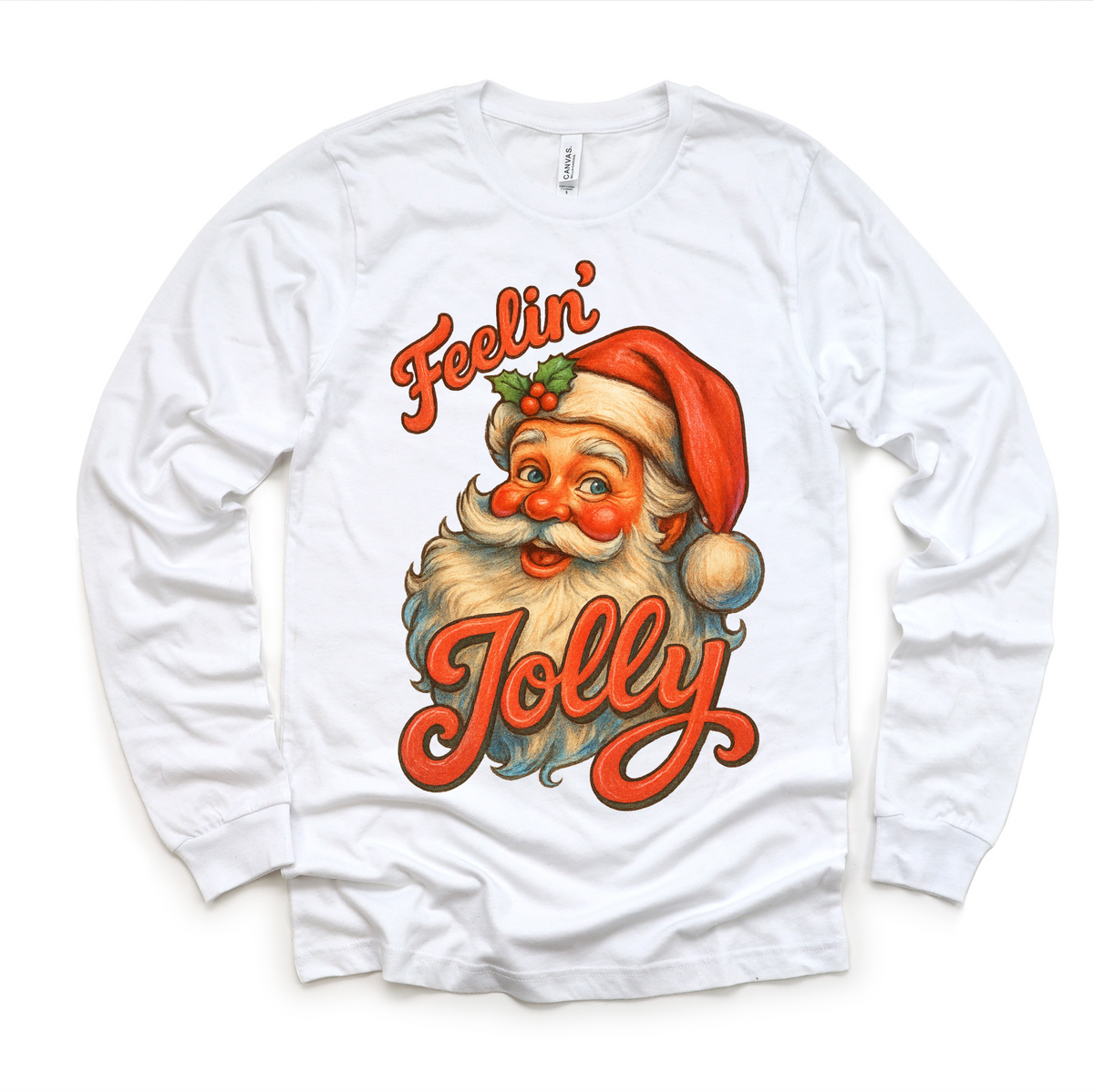 Feelin' Jolly Santa Christmas design on a long sleeve shirt.