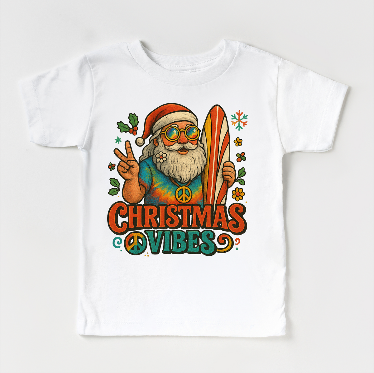 Christmas Vibes Surfing Santa design on a white garment.