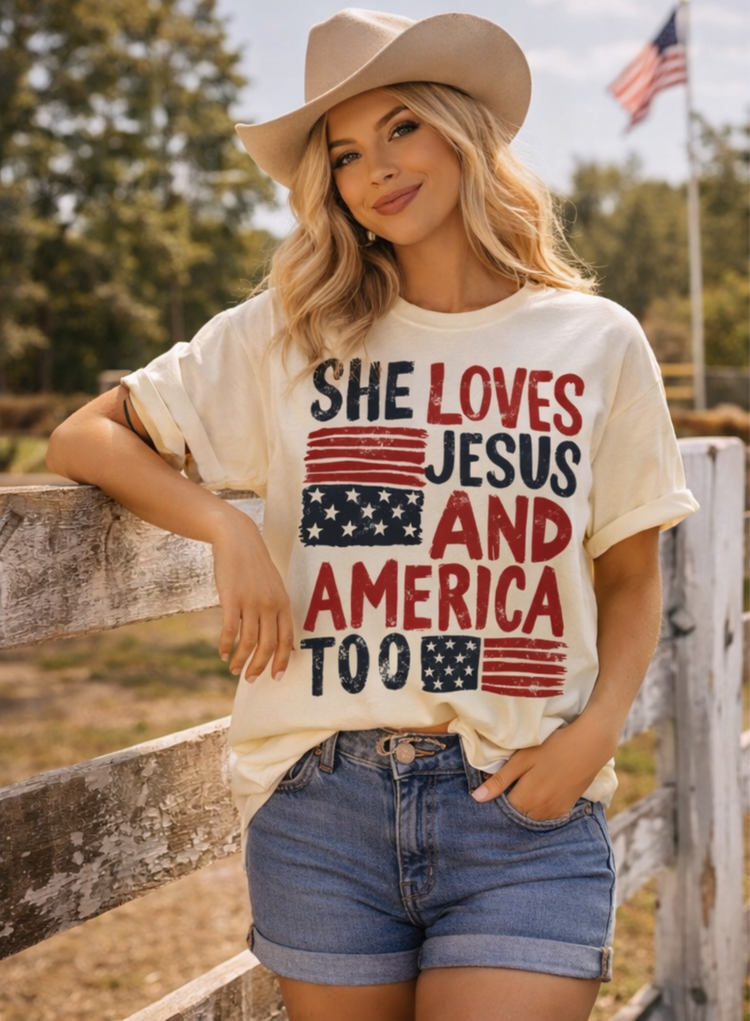 She Loves Jesus and America Too Graphic Tee – Patriotic Faith Shirt – Vintage USA Flag Boutique T-Shirt