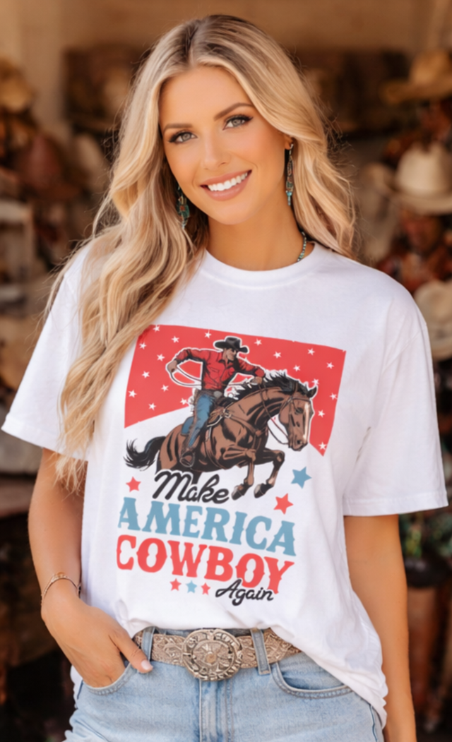 Make America Cowboy Again T-Shirt | Western Patriotic Graphic Tee | Rodeo Cowgirl Shirt | Vintage Americana Boutique Tee