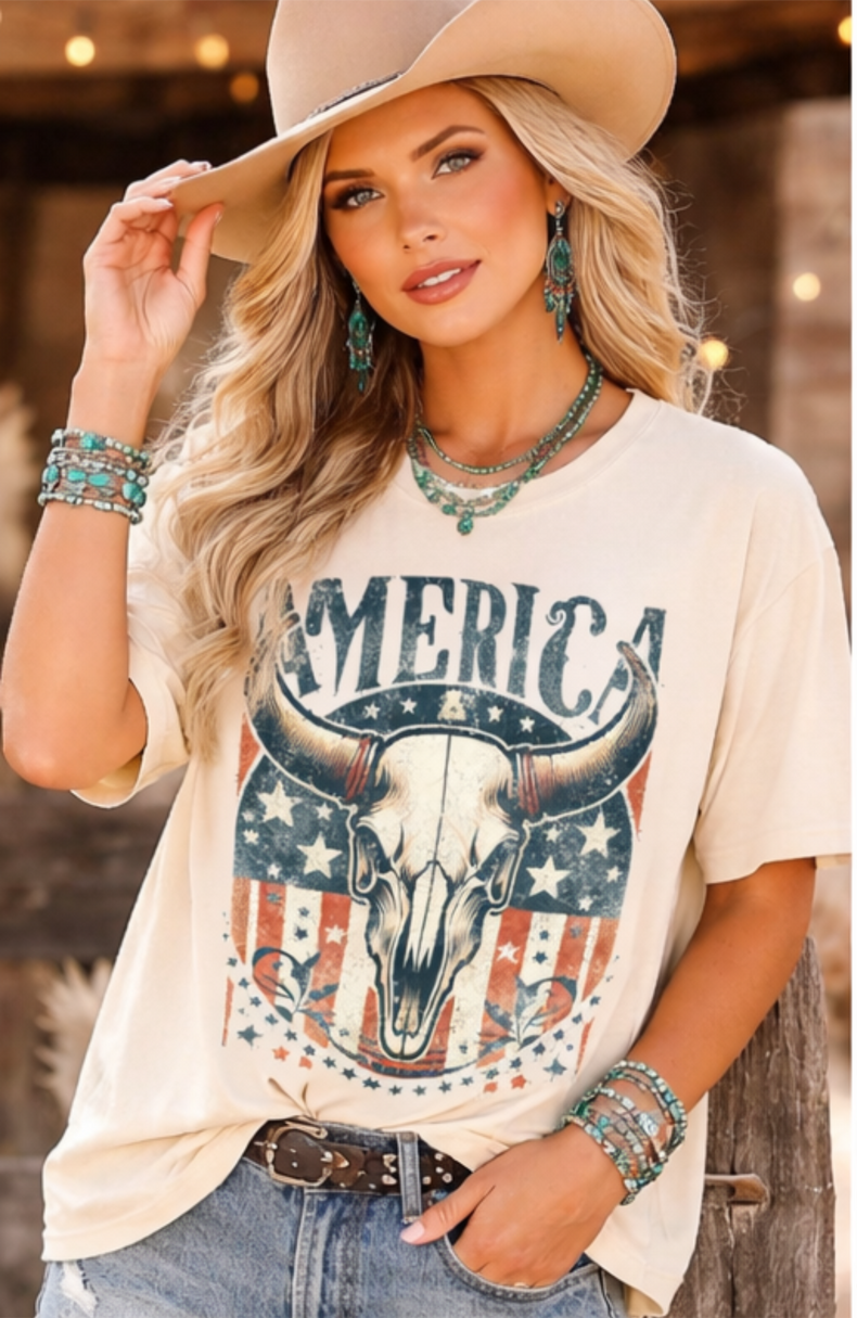 Vintage America Bull Skull T-Shirt | Western Patriotic Graphic Tee | Cow Skull Americana Shirt | Boutique Rodeo Summer Tee