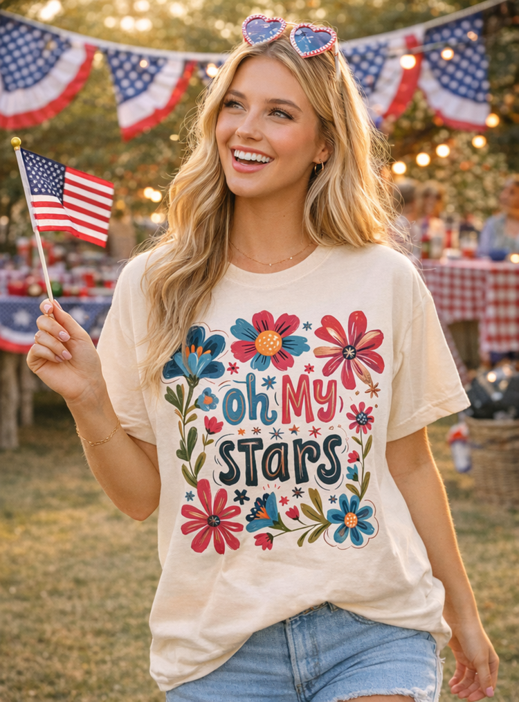 Oh My Stars Patriotic Floral T-Shirt | Cute Americana Graphic Tee | Red White Blue Summer Tee | Boutique 4th of July Shirt