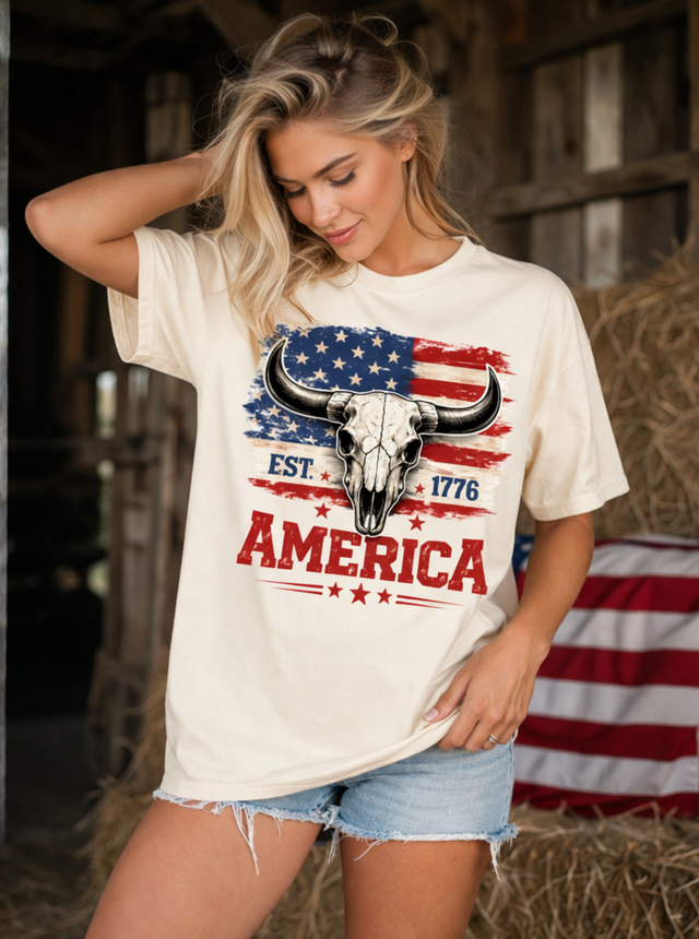 Western Patriotic Bull Skull Tee | America 1776 Graphic Shirt | Rustic USA Flag T-Shirt | Country Western Boutique Tee | Unisex Oversized Fit