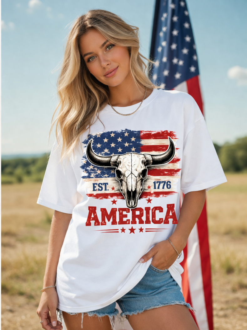 Western Patriotic Bull Skull Tee | America 1776 Graphic Shirt | Rustic USA Flag T-Shirt | Country Western Boutique Tee | Unisex Oversized Fit