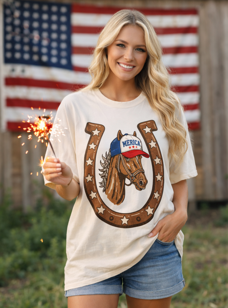 Patriotic Western Horse Tee | ‘Merica Trucker Hat Cowgirl Shirt | 4th of July Western Graphic Tee | Rustic Horseshoe T-Shirt | Unisex Oversized Fit