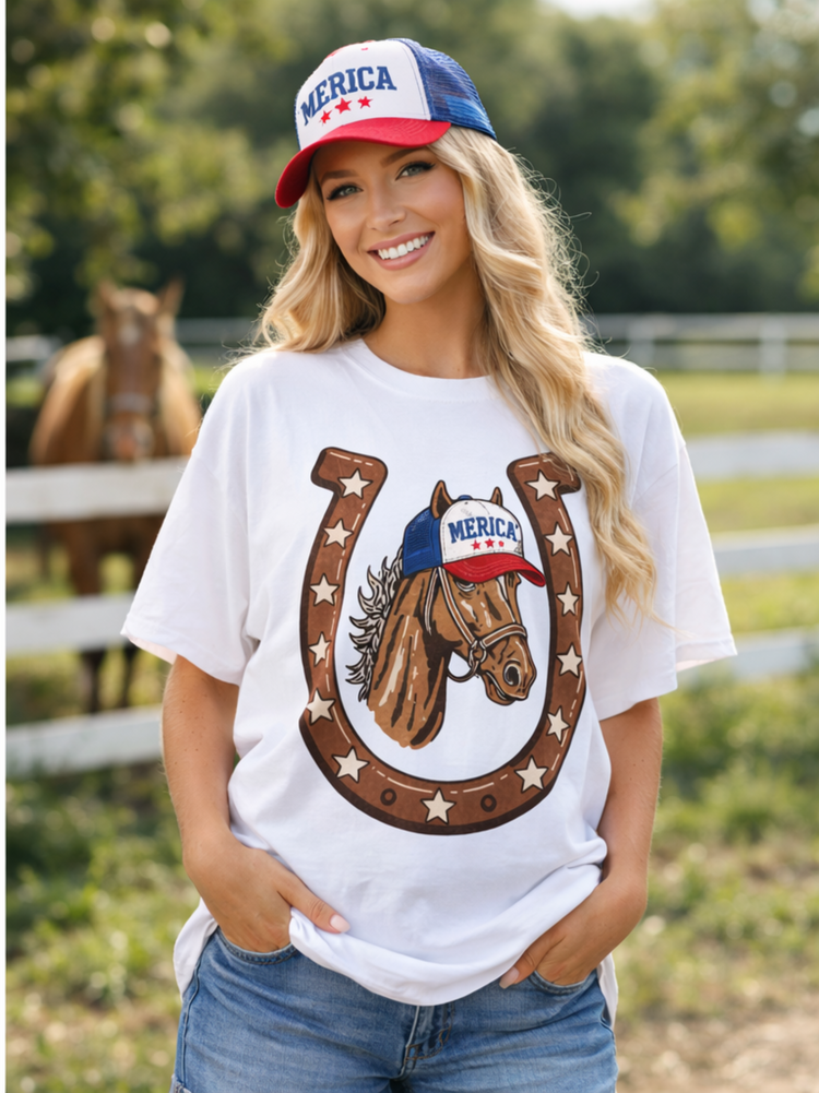 Patriotic Western Horse Tee | ‘Merica Trucker Hat Cowgirl Shirt | 4th of July Western Graphic Tee | Rustic Horseshoe T-Shirt | Unisex Oversized Fit