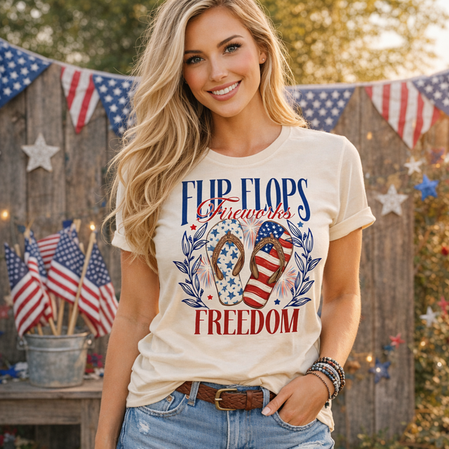Flip Flops Fireworks Freedom Tee | Patriotic Summer Graphic Shirt | 4th of July Beach T-Shirt | Americana Boutique Tee | Unisex Oversized Fit