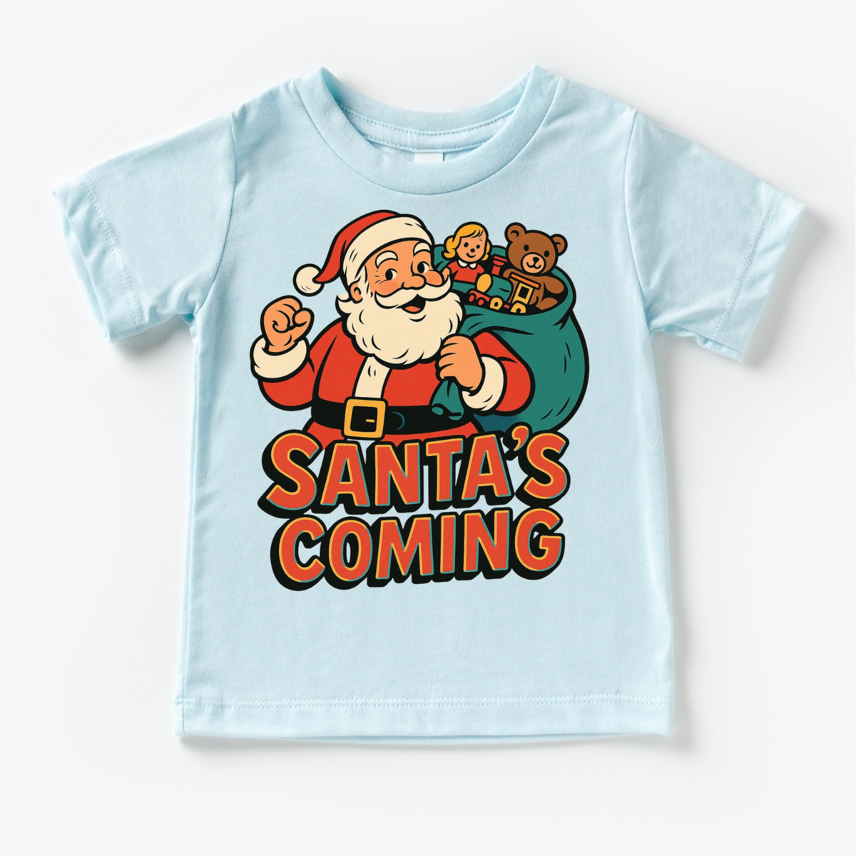 Santa Is Coming Kids Christmas design on a blue garment.