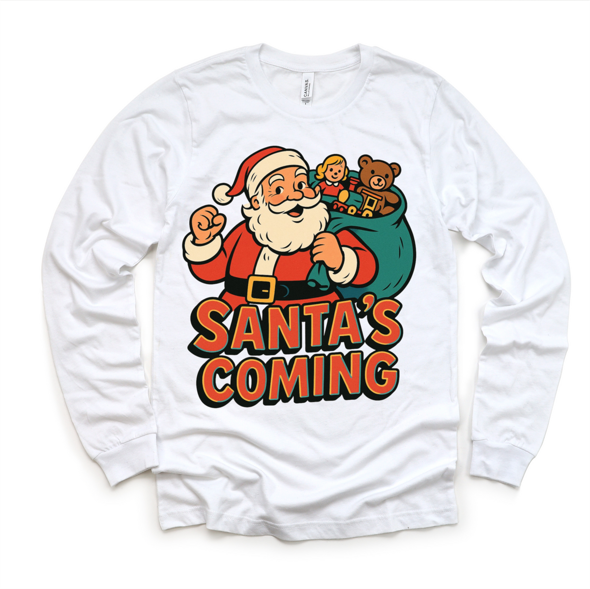 Santa Is Coming Kids Christmas design on a long sleeve shirt.