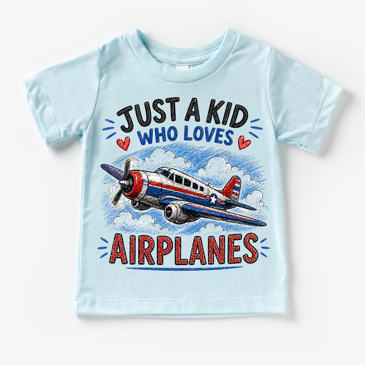 Just a Kid Who Loves Airplanes Kids Graphic T-Shirt | Vintage Airplane Tee for Boys & Girls