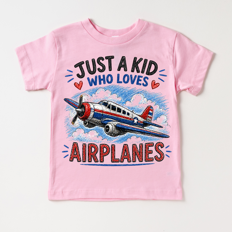 Just a Kid Who Loves Airplanes Kids Graphic T-Shirt | Vintage Airplane Tee for Boys & Girls