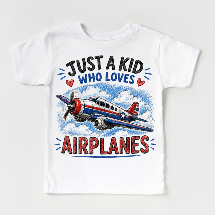 Just a Kid Who Loves Airplanes Kids Graphic T-Shirt | Vintage Airplane Tee for Boys & Girls