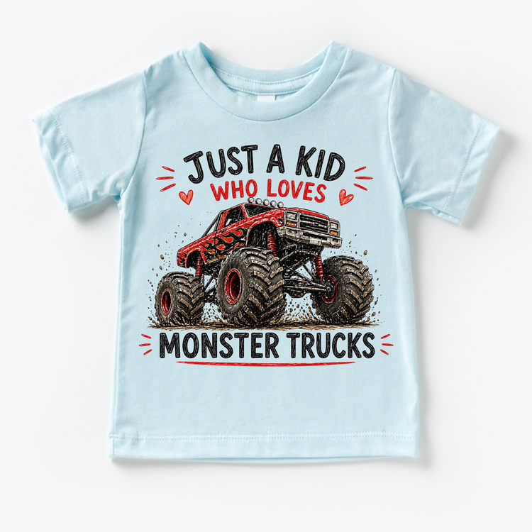 Just a Kid Who Loves Monster Trucks Kids Graphic T-Shirt | Big Tire Monster Truck Tee for Boys & Girls