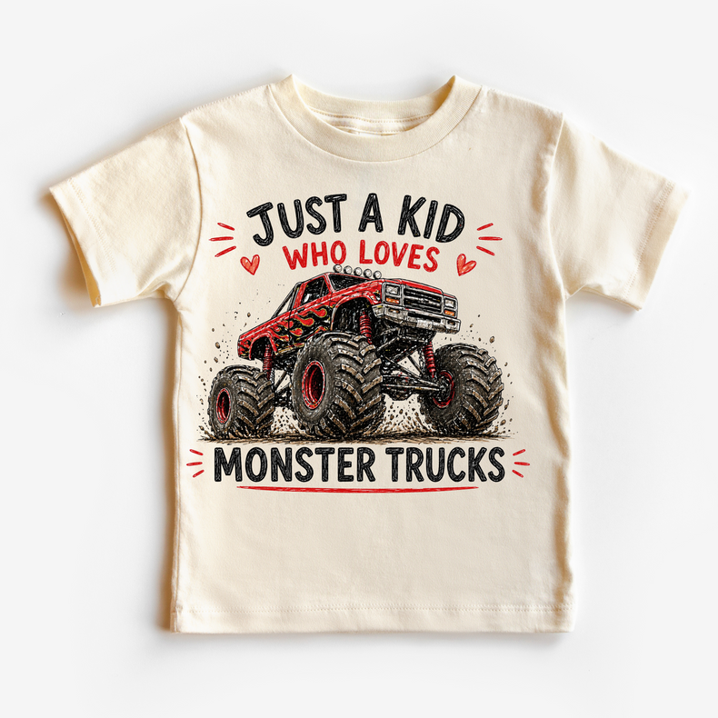Just a Kid Who Loves Monster Trucks Kids | Big Tire Monster Truck for Boys & Girls graphic T-shirt by Madi Moosh