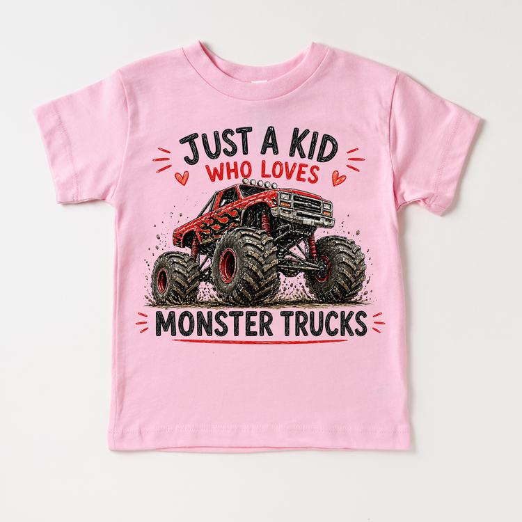 Just a Kid Who Loves Monster Trucks Kids Graphic T-Shirt | Big Tire Monster Truck Tee for Boys & Girls