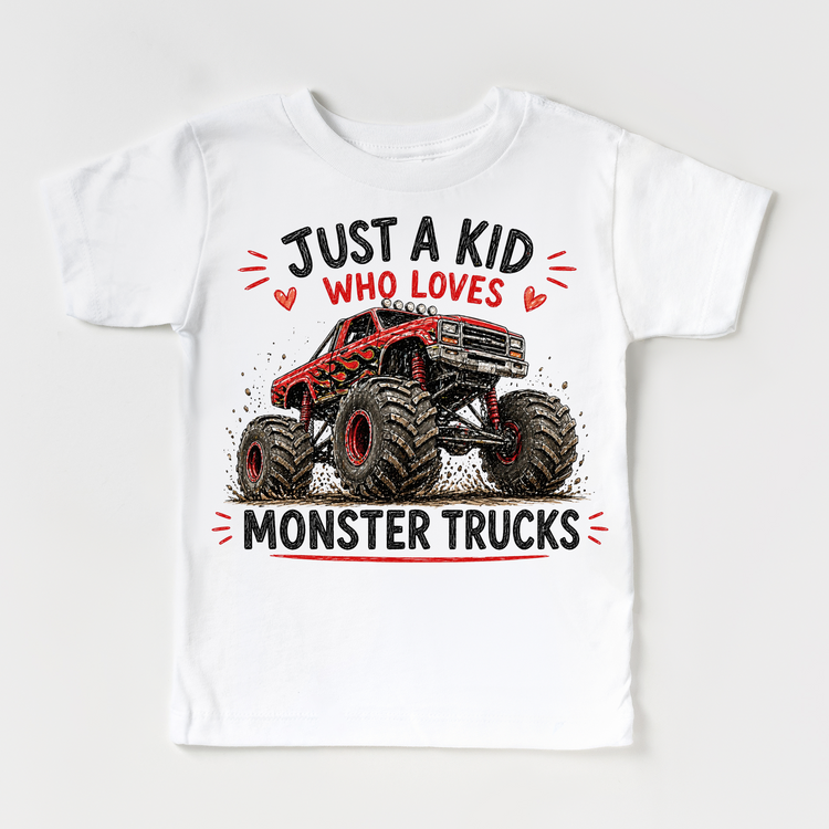 Just a Kid Who Loves Monster Trucks Kids Graphic T-Shirt | Big Tire Monster Truck Tee for Boys & Girls