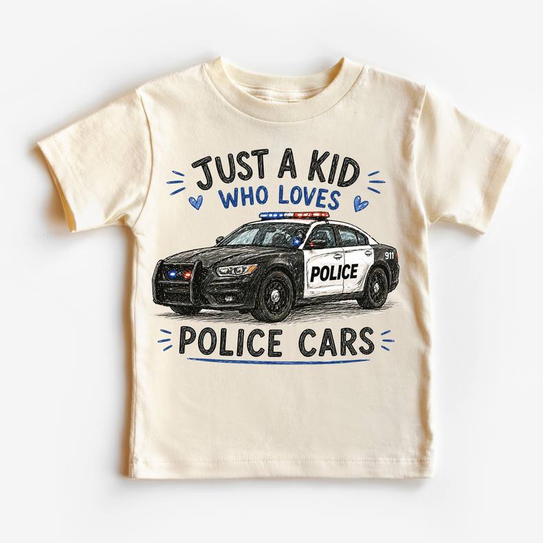 Just a Kid Who Loves Police Cars Kids Graphic T-Shirt | Police Car Tee for Boys & Girls