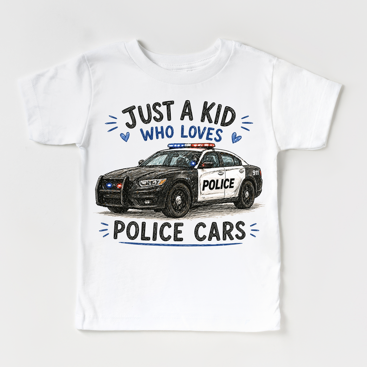 Just a Kid Who Loves Police Cars Kids Graphic T-Shirt | Police Car Tee for Boys & Girls