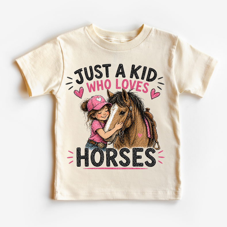 Just a Kid Who Loves Horses Kids | Horse Lover for Girls graphic T-shirt by Madi Moosh