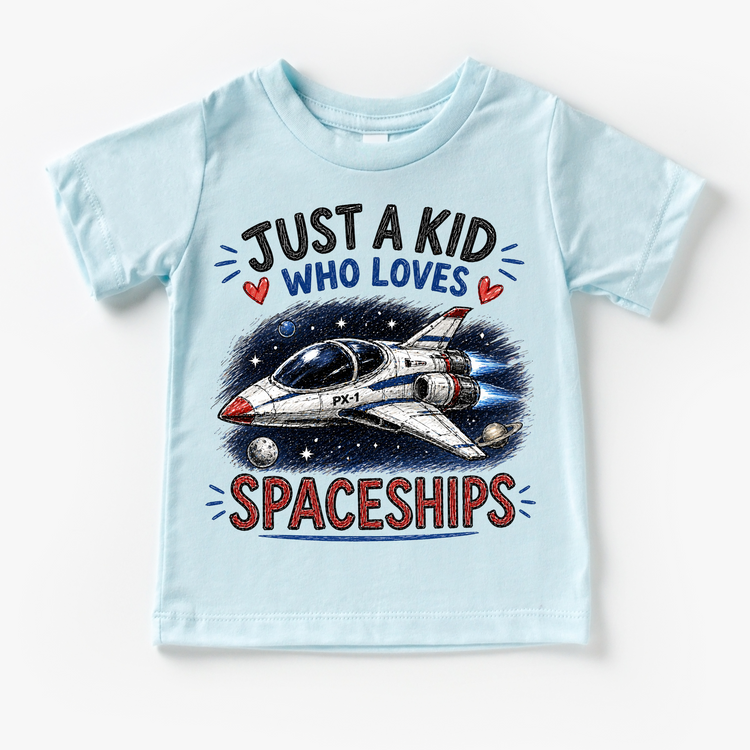 Just a Kid Who Loves Spaceships Kids Graphic T-Shirt | Space Rocket Tee for Boys & Girls