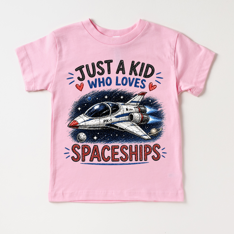 Just a Kid Who Loves Spaceships Kids Graphic T-Shirt | Space Rocket Tee for Boys & Girls
