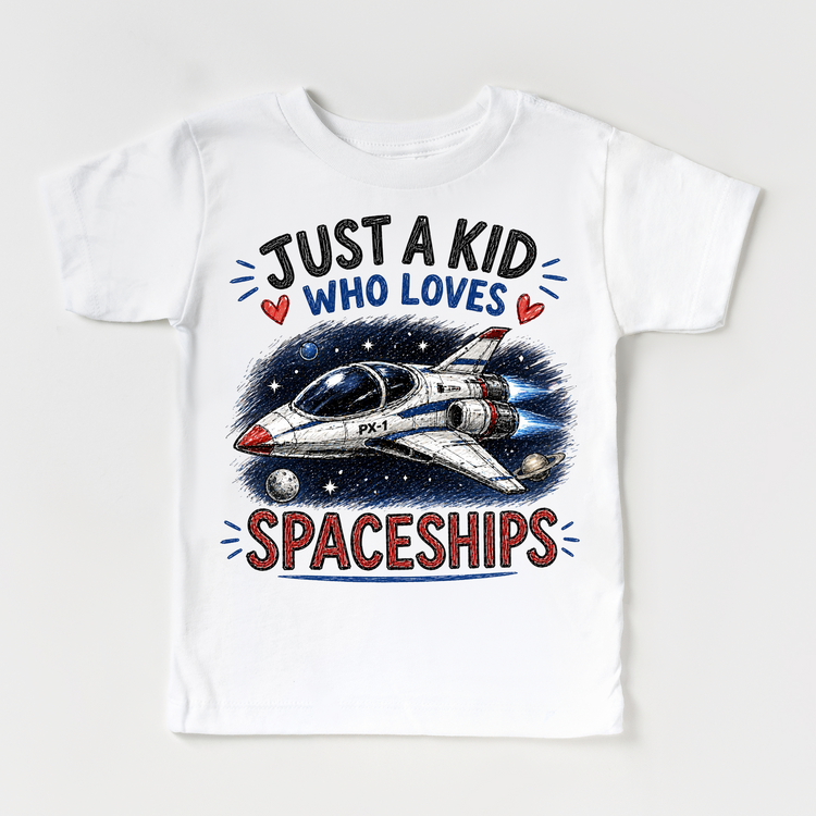 Just a Kid Who Loves Spaceships Kids Graphic T-Shirt | Space Rocket Tee for Boys & Girls