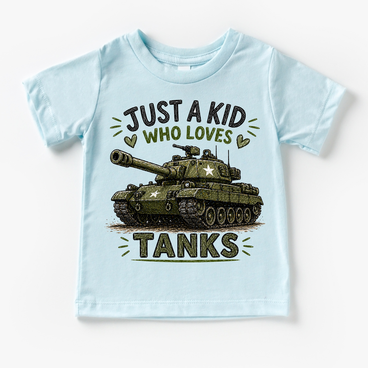 Just a Kid Who Loves Tanks Kids Graphic T-Shirt | Military Tank Tee for Boys & Girls