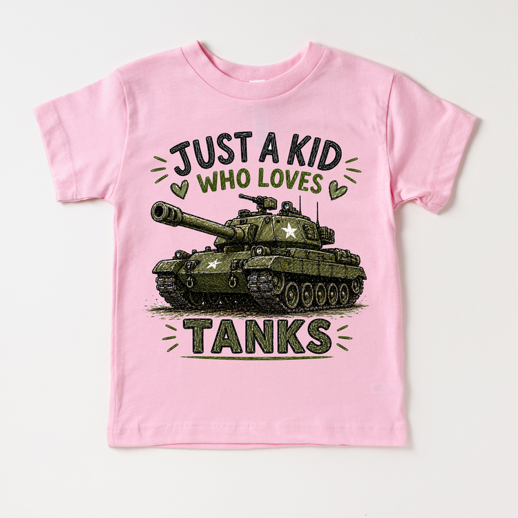 Just a Kid Who Loves Tanks Kids Graphic T-Shirt | Military Tank Tee for Boys & Girls