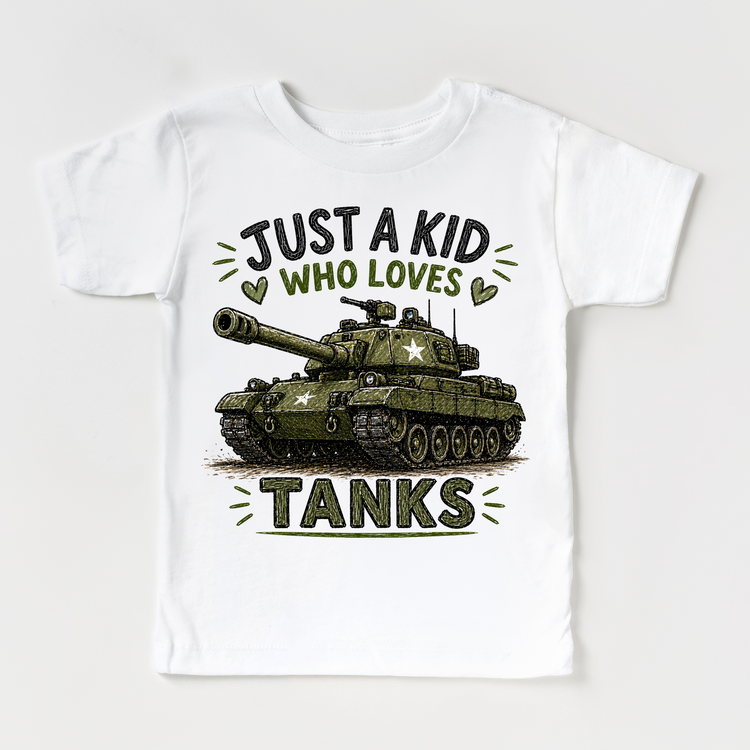 Just a Kid Who Loves Tanks Kids Graphic T-Shirt | Military Tank Tee for Boys & Girls