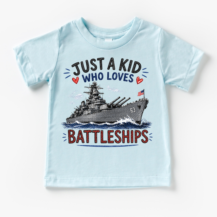 Just a Kid Who Loves Battleships Kids Graphic T-Shirt | Patriotic Navy Ship Tee for Boys & Girls