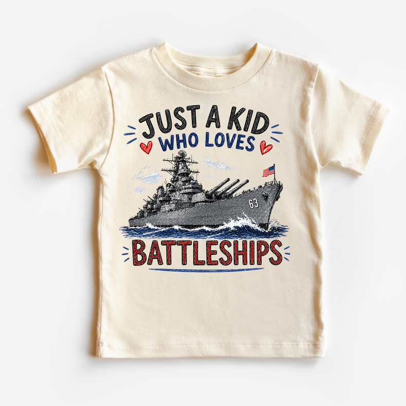 Just a Kid Who Loves Battleships Kids | Patriotic Navy Ship for Boys & Girls graphic T-shirt by Madi Moosh