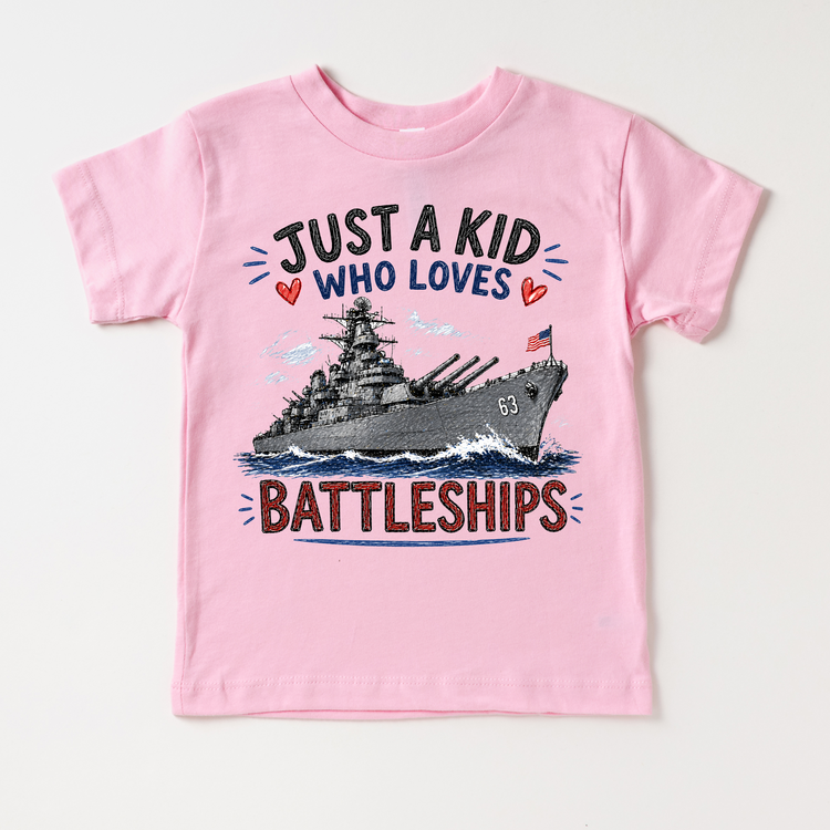 Just a Kid Who Loves Battleships Kids Graphic T-Shirt | Patriotic Navy Ship Tee for Boys & Girls