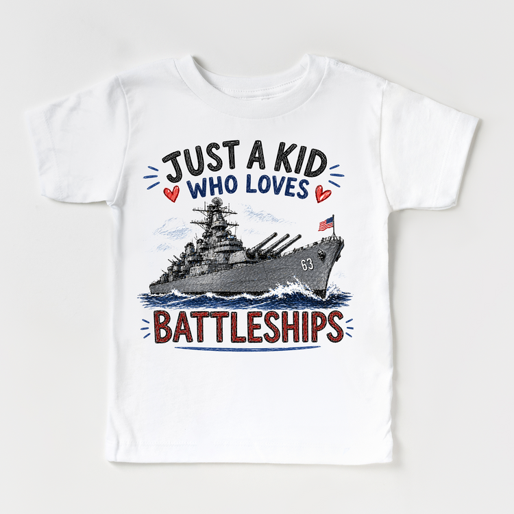 Just a Kid Who Loves Battleships Kids Graphic T-Shirt | Patriotic Navy Ship Tee for Boys & Girls