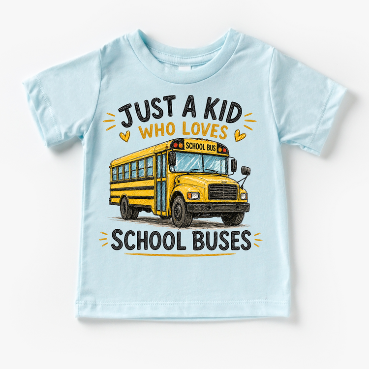 Just a Kid Who Loves School Buses Kids Graphic T-Shirt | Yellow Bus Tee for Boys & Girls