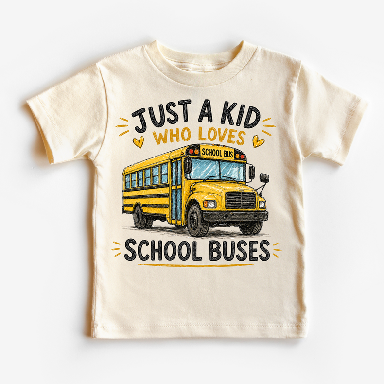 Just a Kid Who Loves School Buses Kids | Yellow Bus for Boys & Girls graphic T-shirt by Madi Moosh