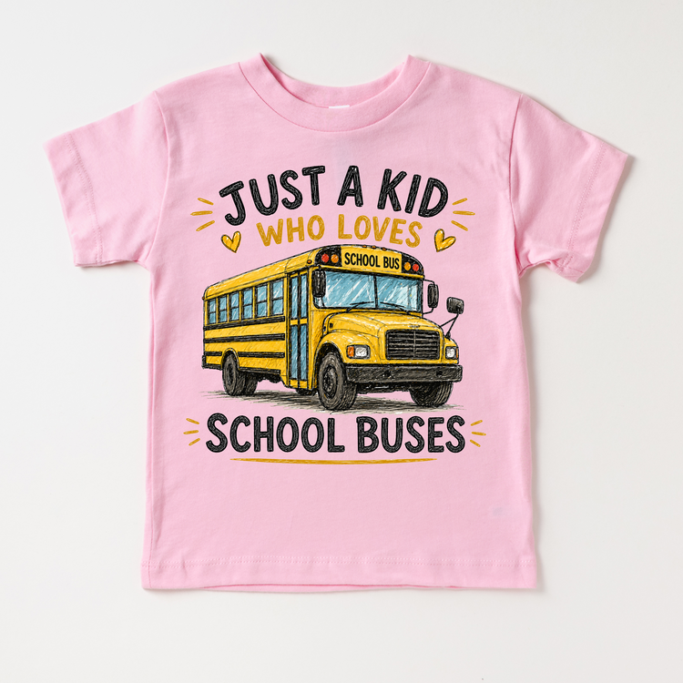 Just a Kid Who Loves School Buses Kids Graphic T-Shirt | Yellow Bus Tee for Boys & Girls